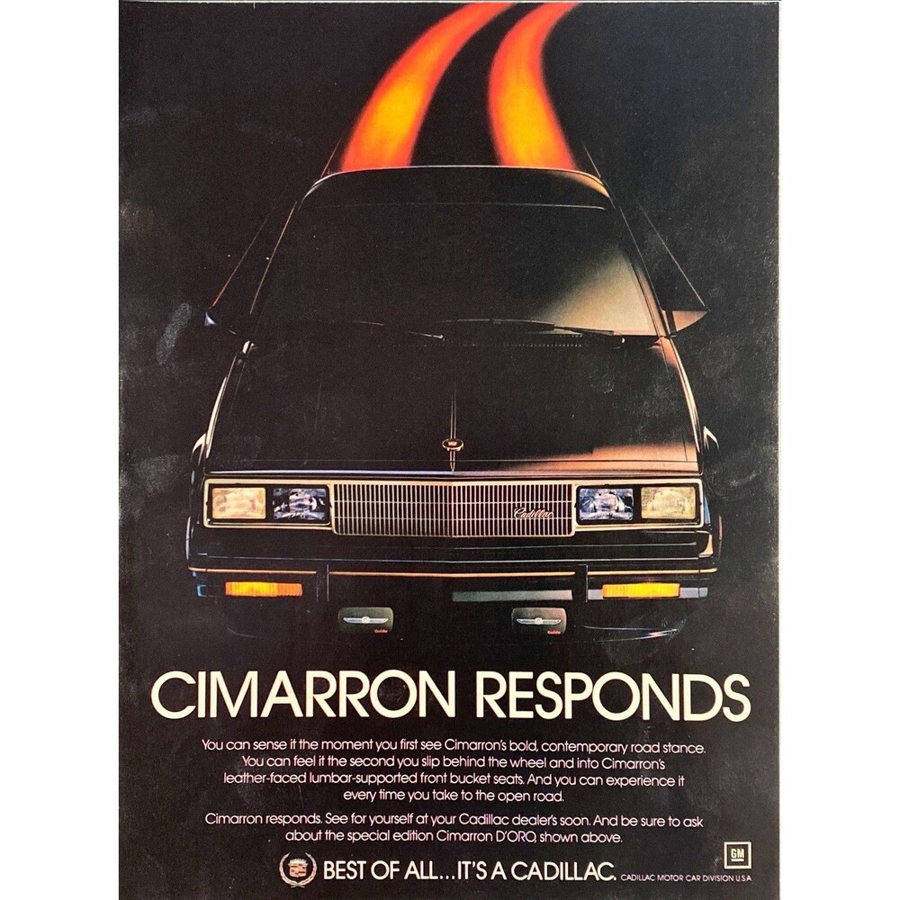 Cadillac "Cimarron D'Oro Responds Vintage Print Ad 1983